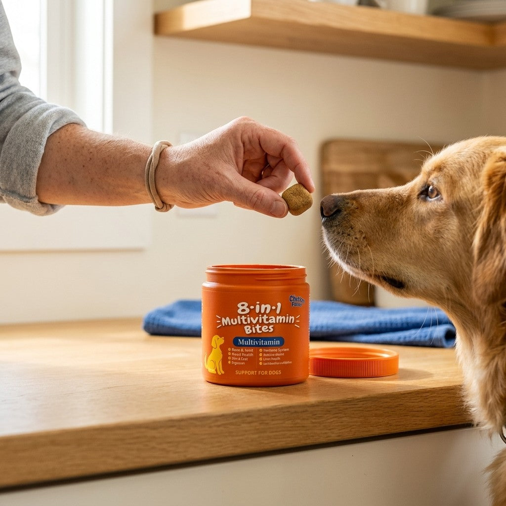 Owner giving a Pupwise chew to a golden retriever in the kitchen