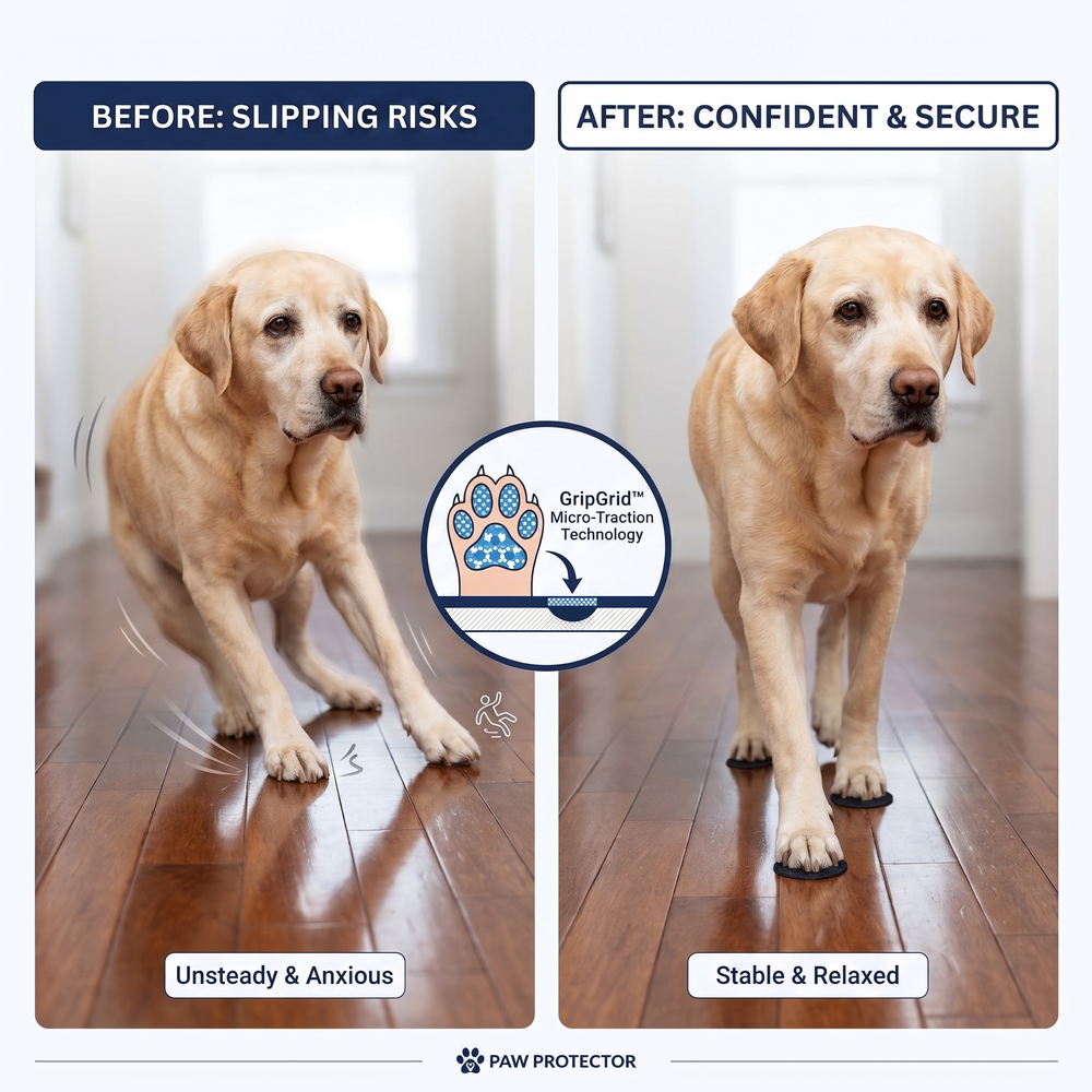 A happy dog at home on smooth floors