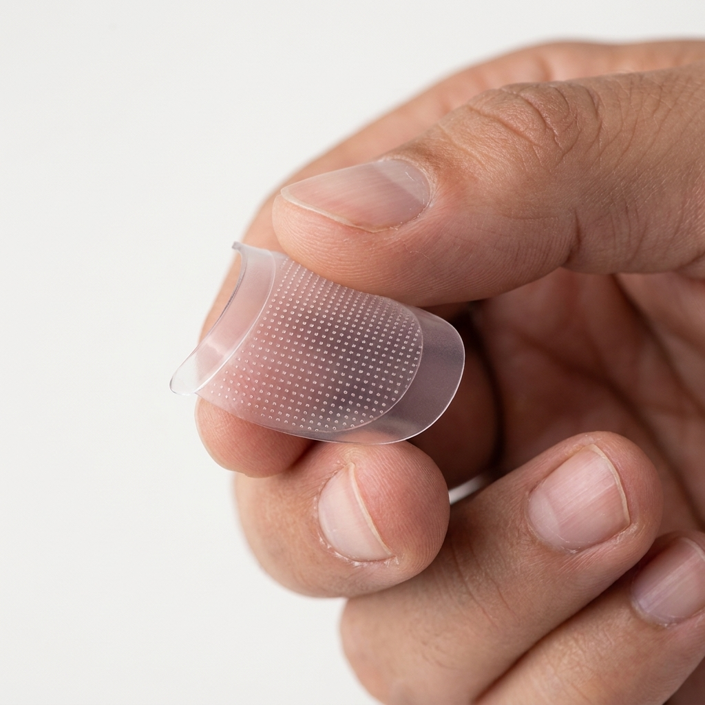 A hand holding an under-eye micro-tip patch